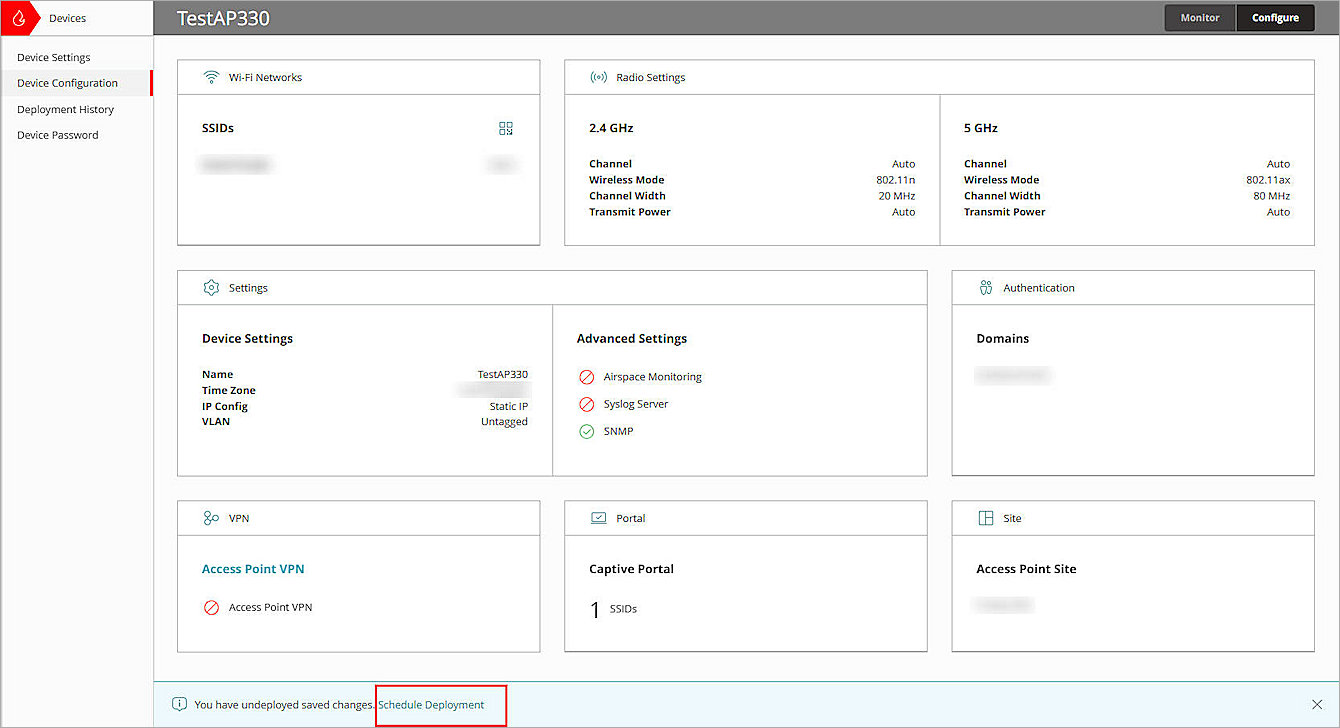 Screenshot of WatchGuard Cloud, deploy SNMP settings